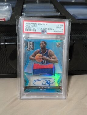 Joel Embiid Light Blue Jersey Auto Rookie Rpa Light Blue prizm PSA 8 Allstar /99